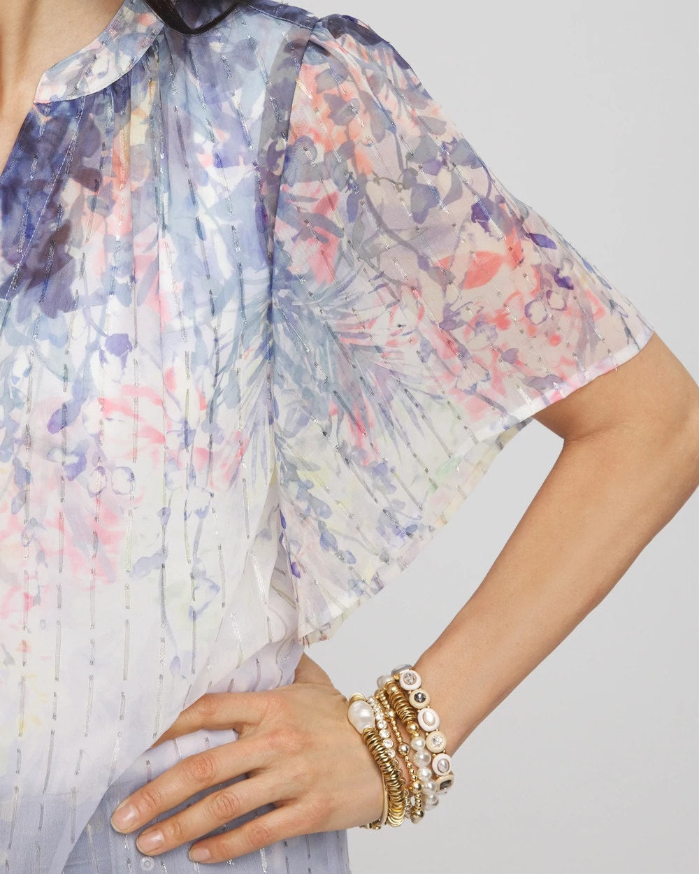 Jacquard Flutter-Sleeve Blouse