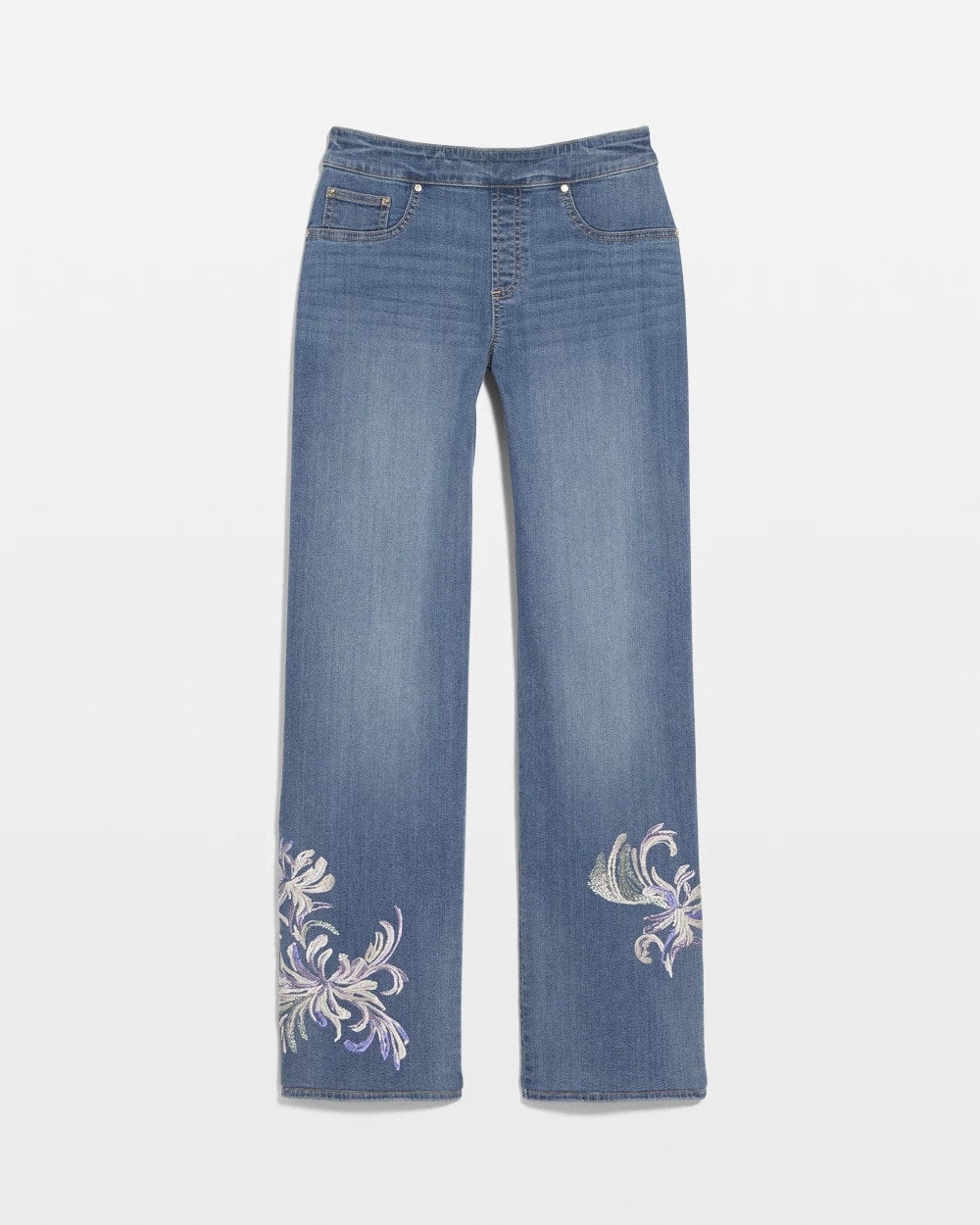 Embroidered Pull-On Wide-Leg Jeans