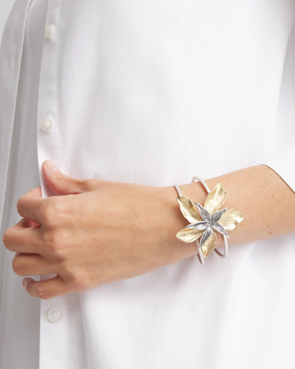 Mixed-Metal Floral Cuff Bangle Bracelet