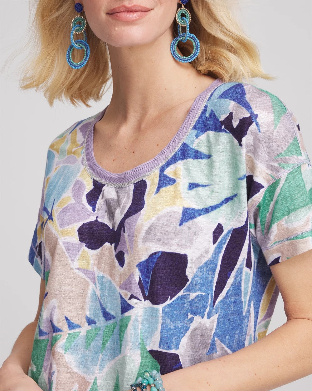 Tropical Nights Sweater-Trim Linen Tee
