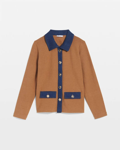 Collared Denim Trim Cardigan