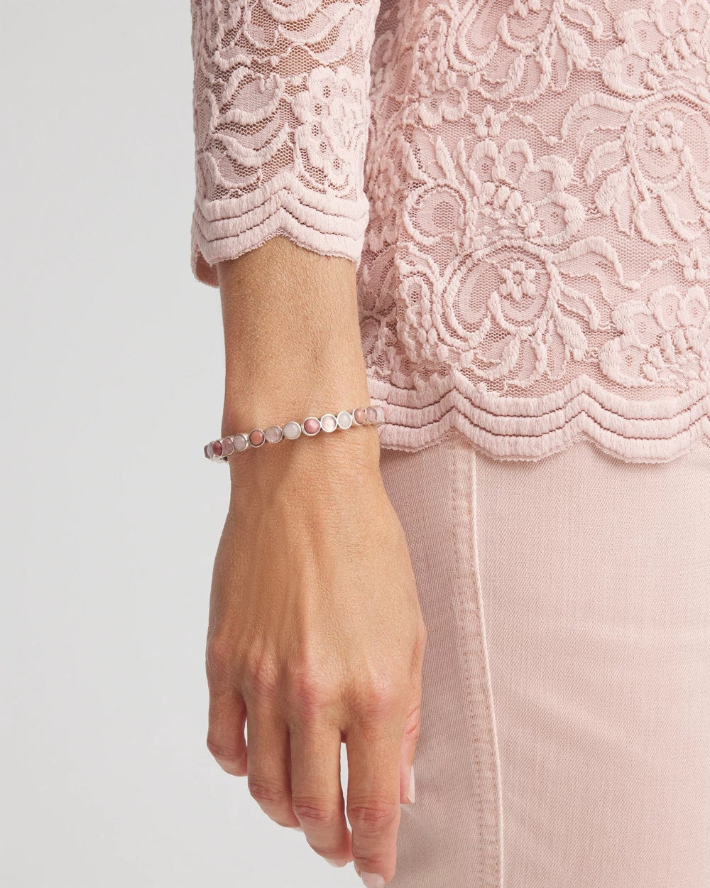 Quartz & Rhodonite Stone Silvertone Round Stretch