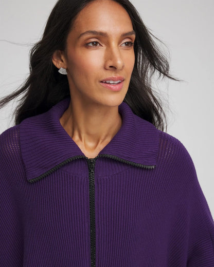 Rhinestone Zip-Collar Sweater Poncho