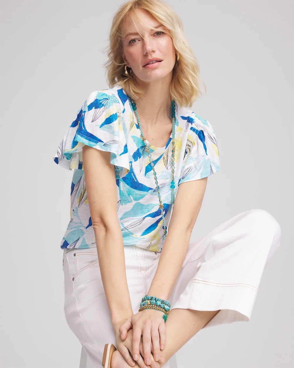 Linen Smocked Flutter-Sleeved Tee