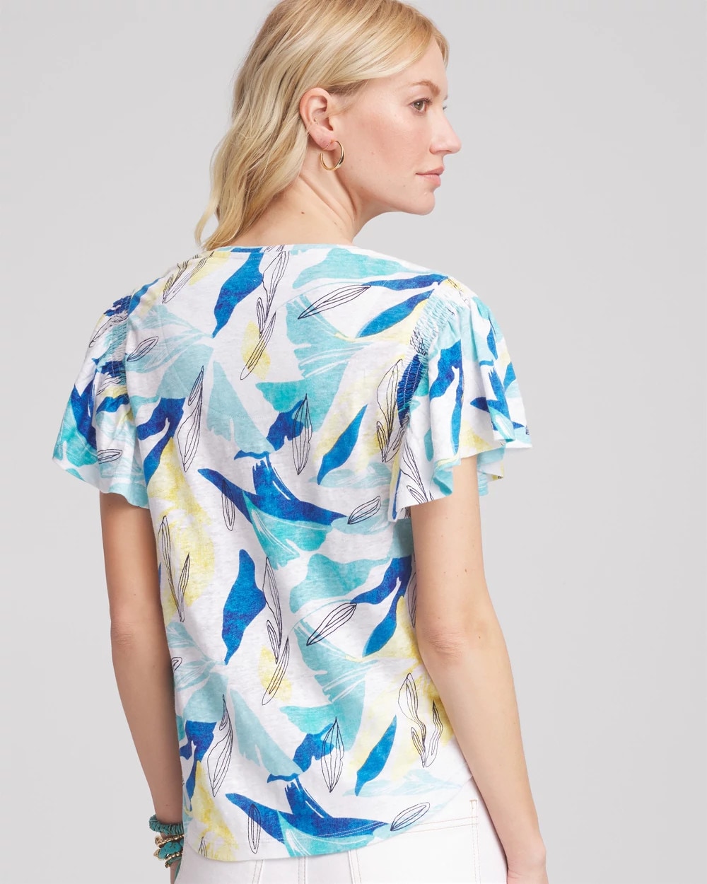 Linen Smocked Flutter-Sleeved Tee