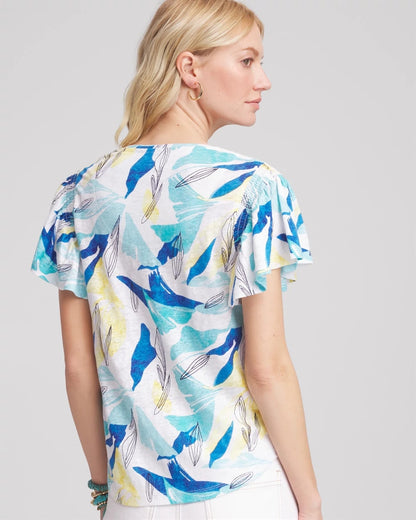 Linen Smocked Flutter-Sleeved Tee