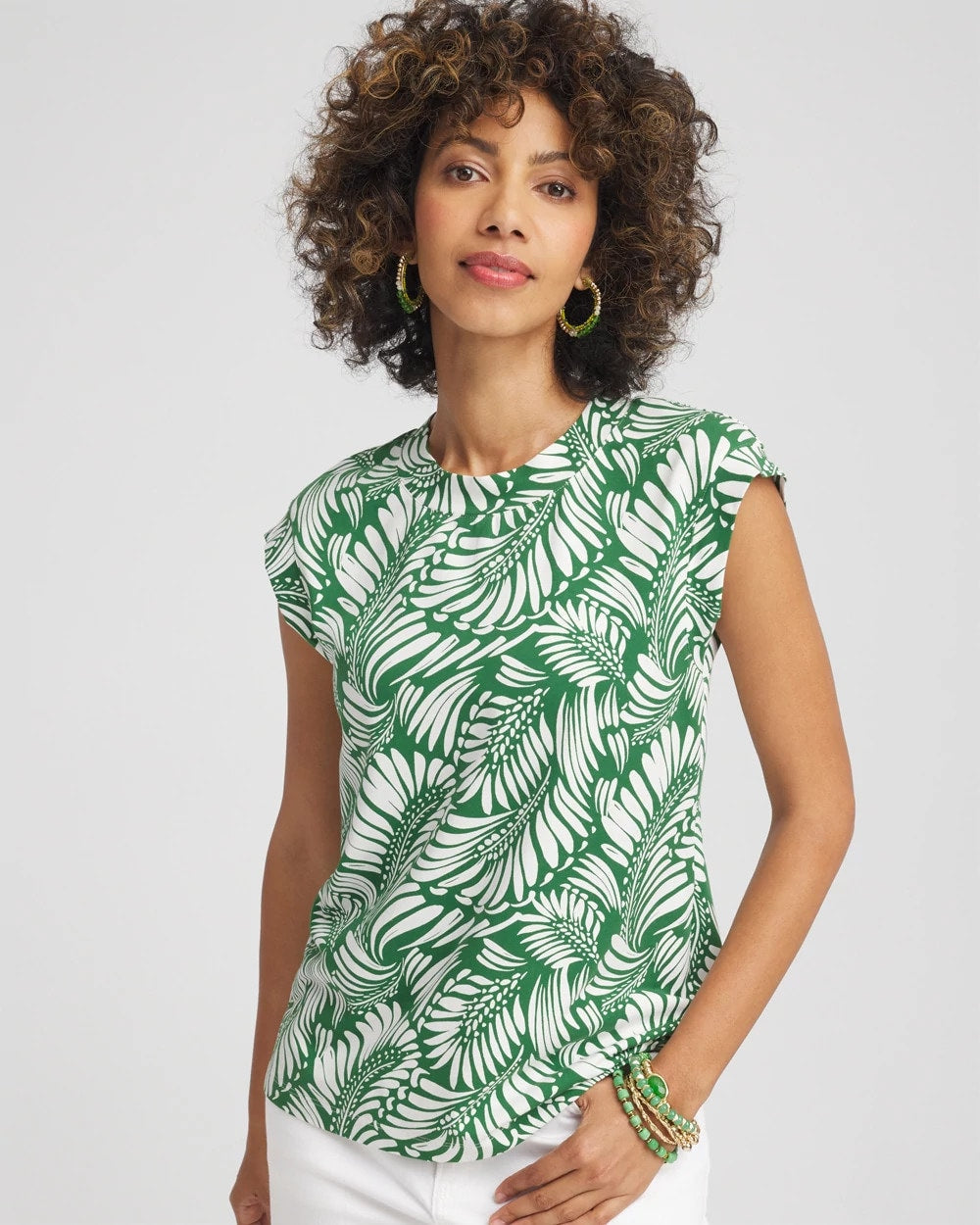 Palm-Frond-Print Cap-Sleeve Top