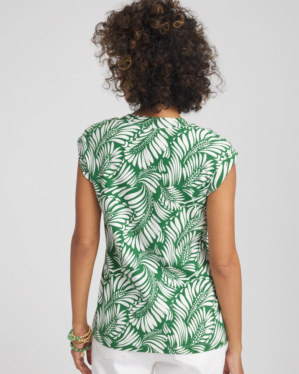 Palm-Frond-Print Cap-Sleeve Top