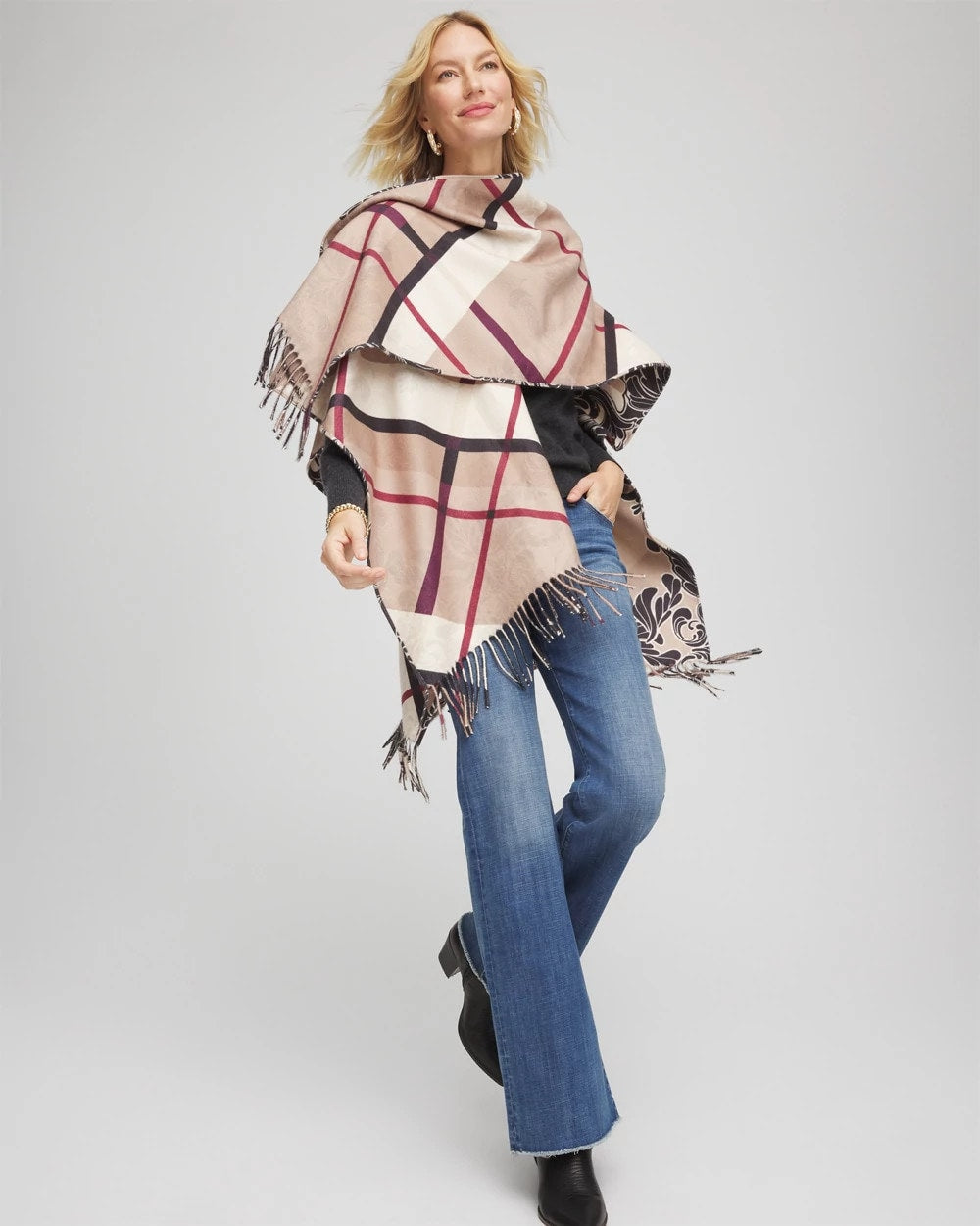 Reversible Printed Fringe Ruana