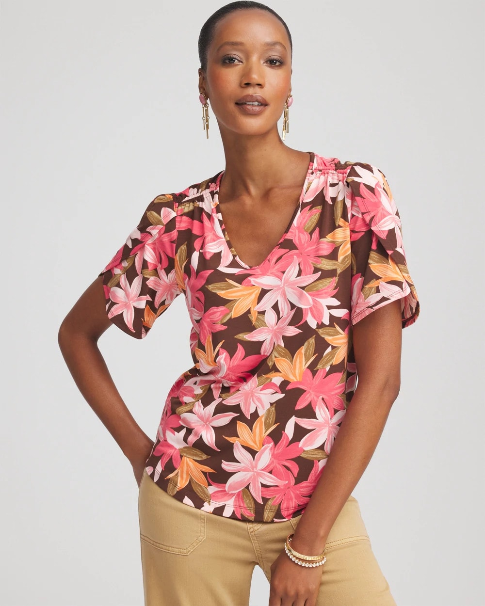 Floral Petal-Sleeve Voop Neck Tee