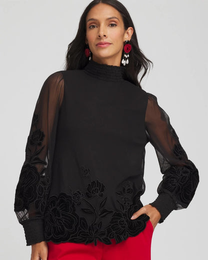 Sheer Mesh Velvet Appliqué Top