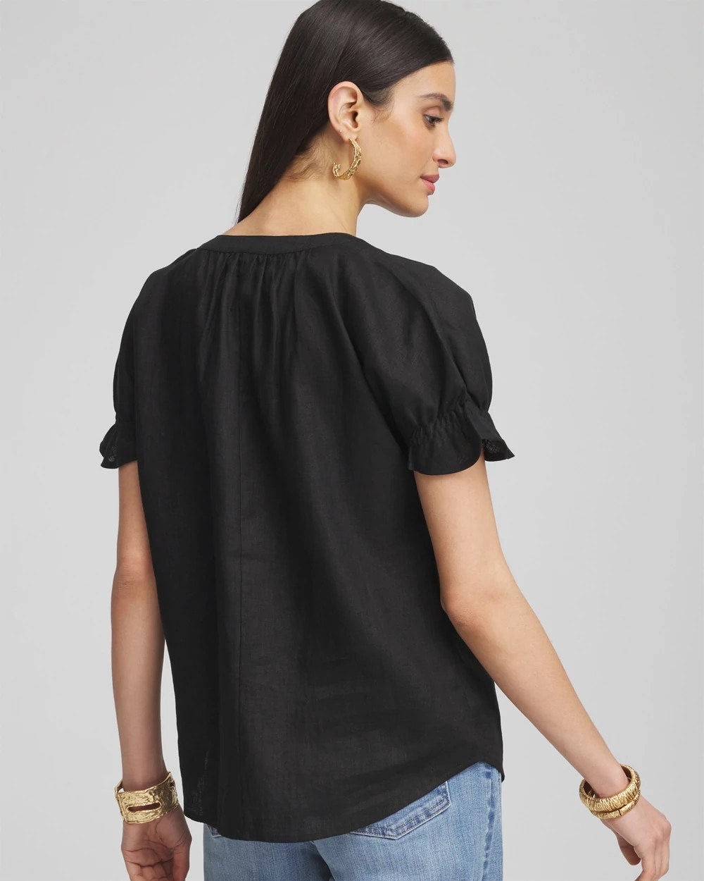 Linen Flutter-Sleeve Popover Top