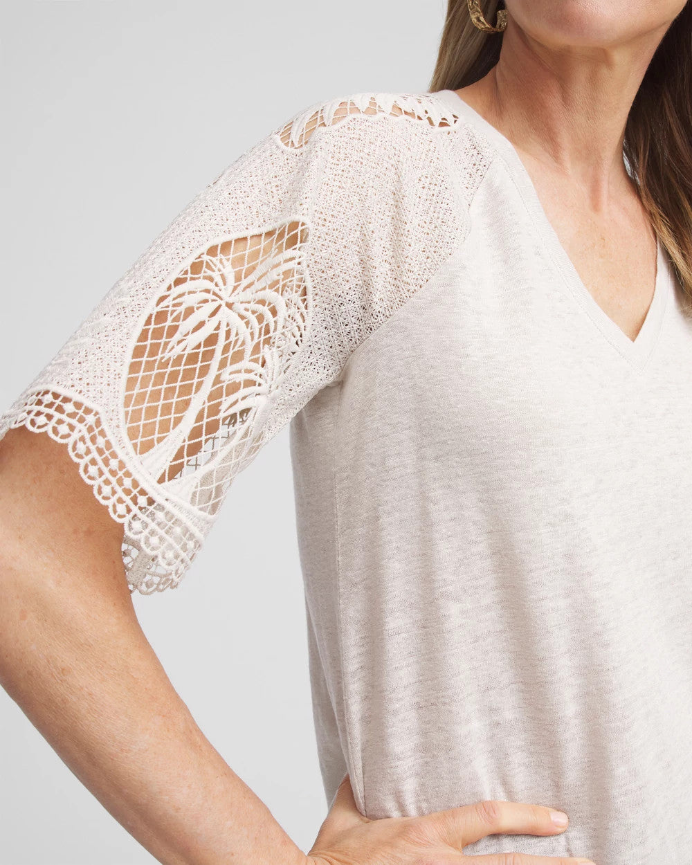 Linen Crochet Lace Short Sleeve Tee