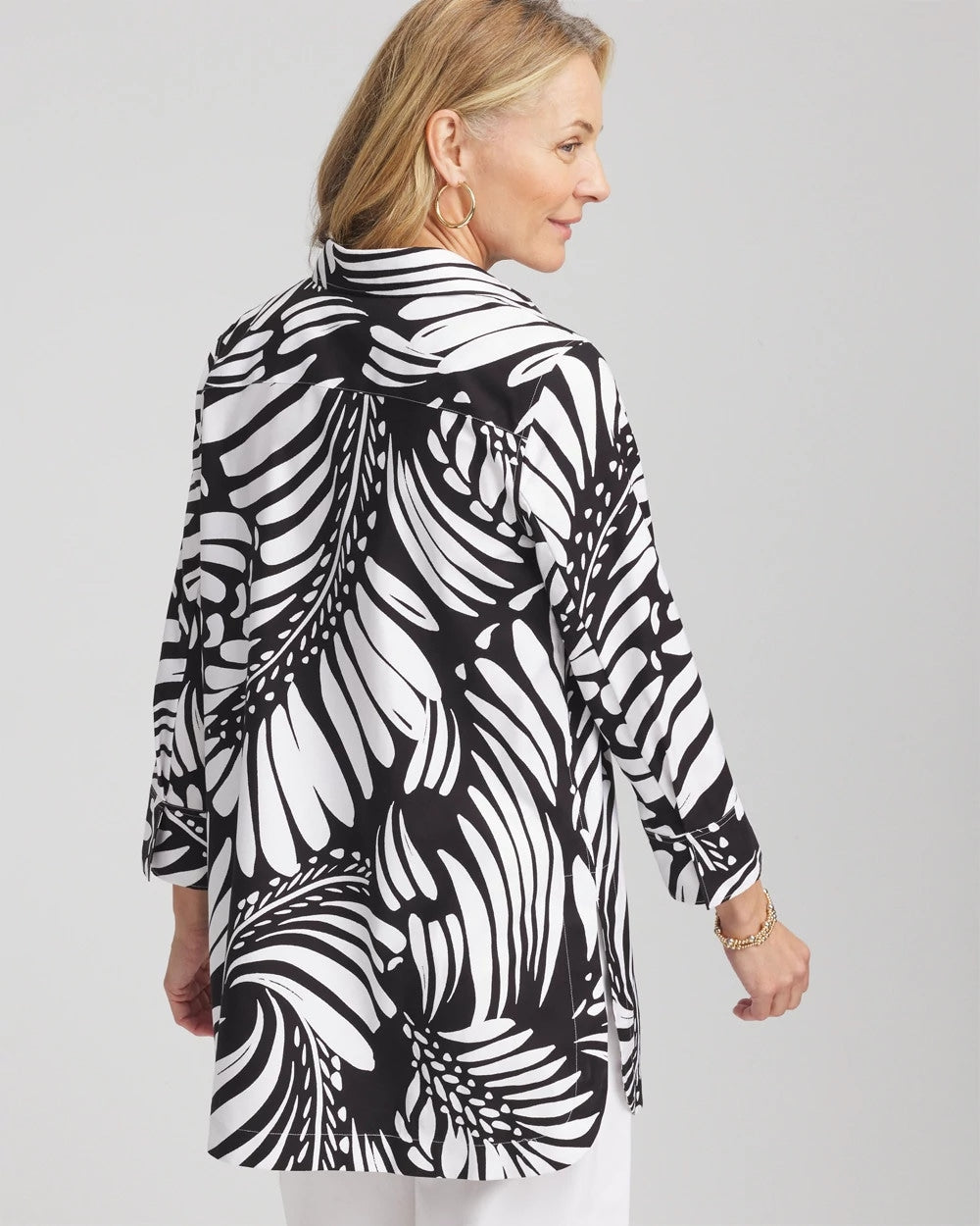 No Iron™ Printed Palms Button Down Tunic