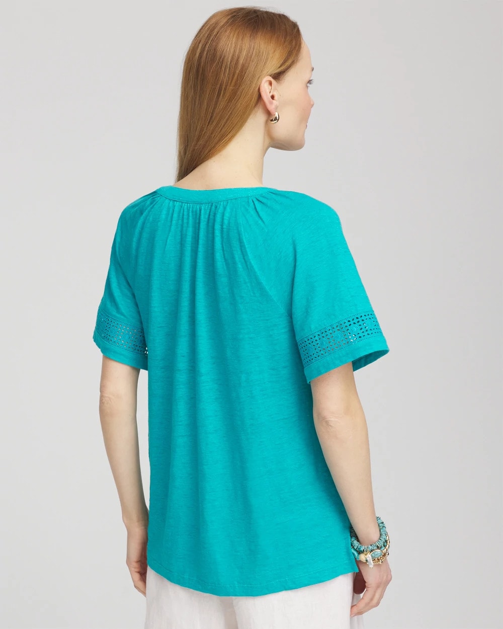 Linen Lace-Cutwork Sleeve Henley Tee