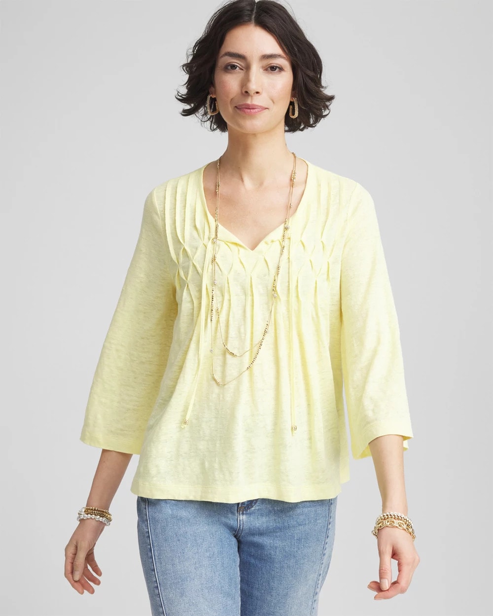 Pintuck Linen Notched-Neck Tee