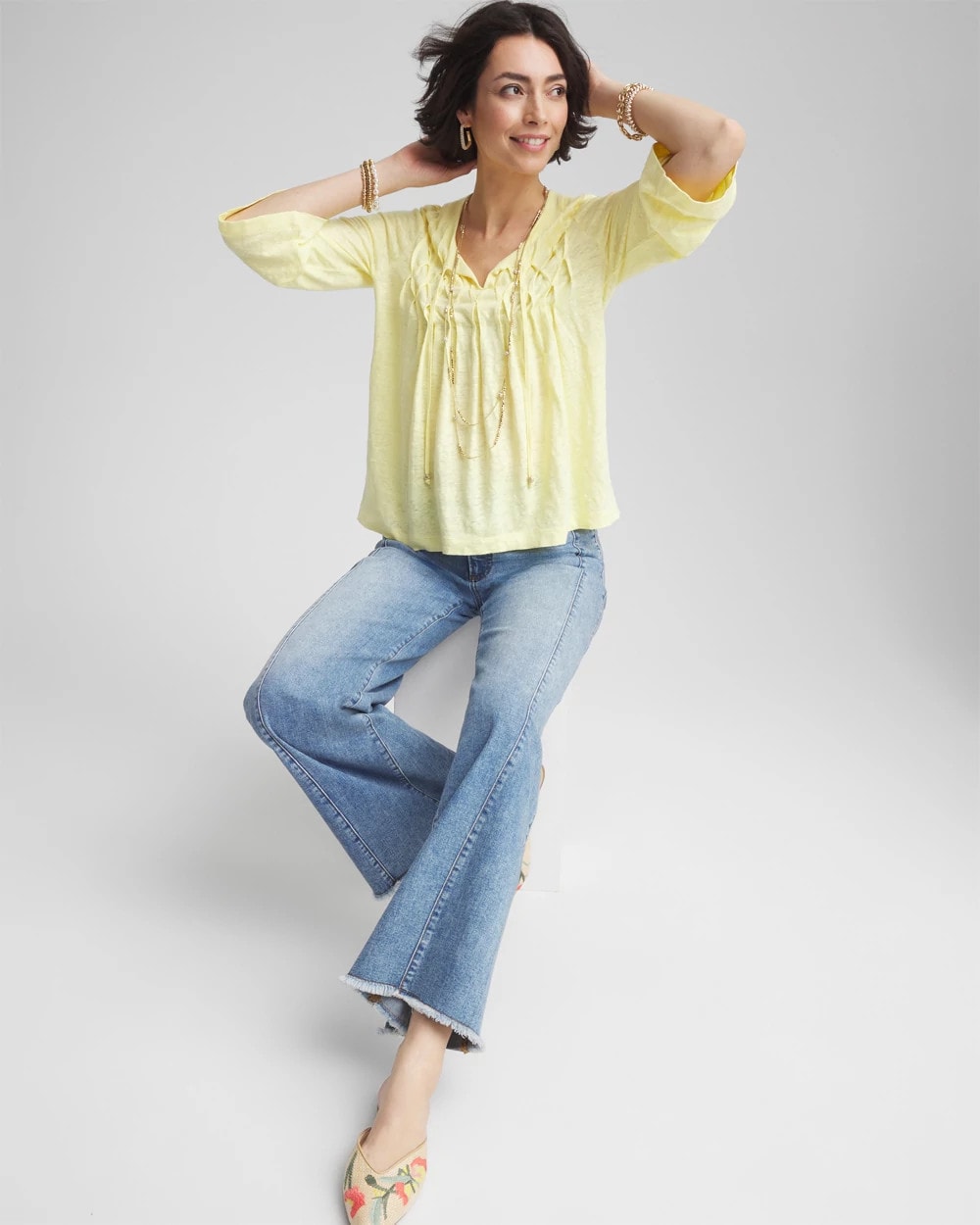 Pintuck Linen Notched-Neck Tee