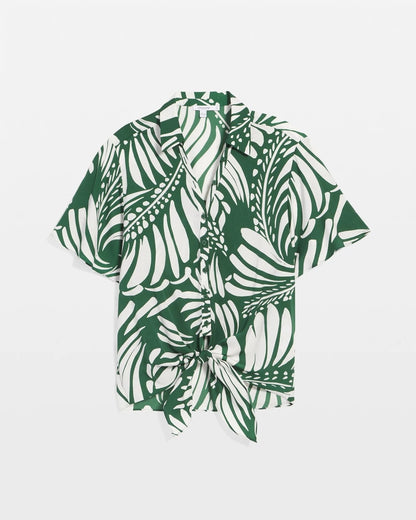 Palm Print Tie-Front Silky Top