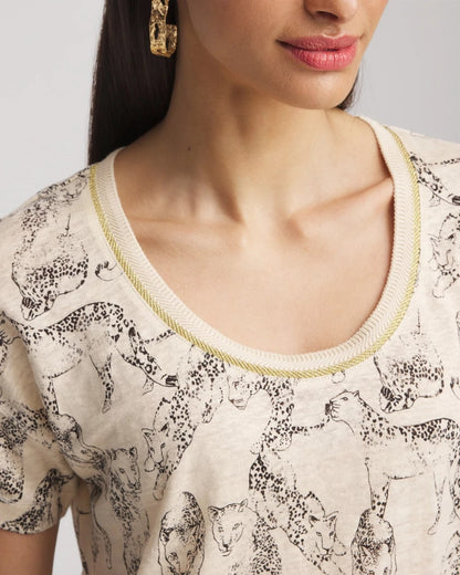 Panther Sweater-Trim Linen Tee
