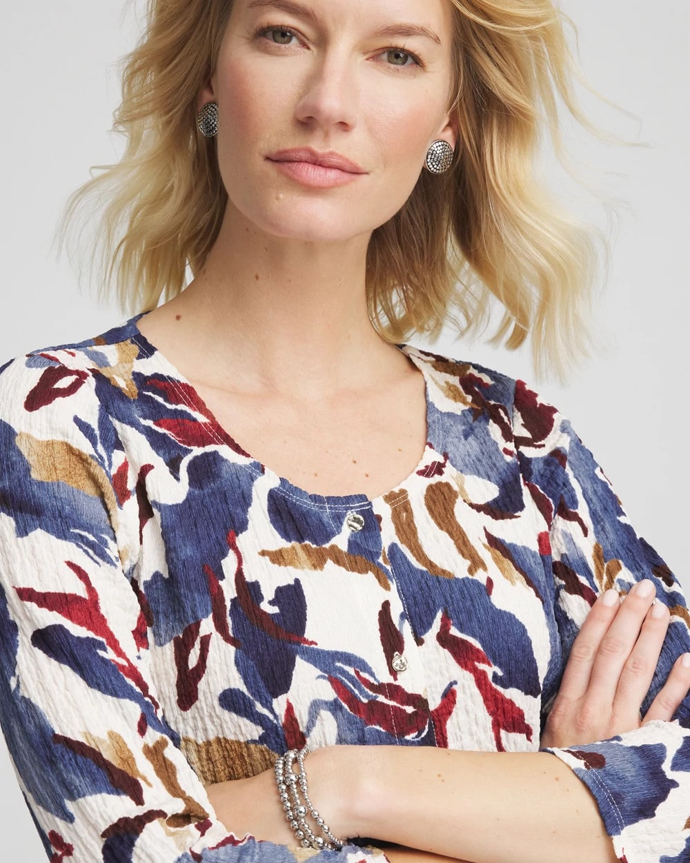 Printed Textured Scoopneck Cardigan