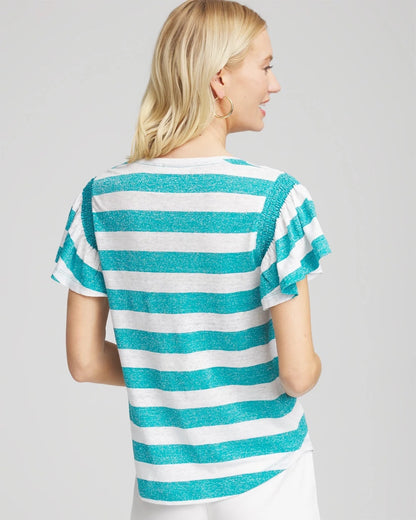 Linen Metallic Striped Flutter-Sleeve Tee