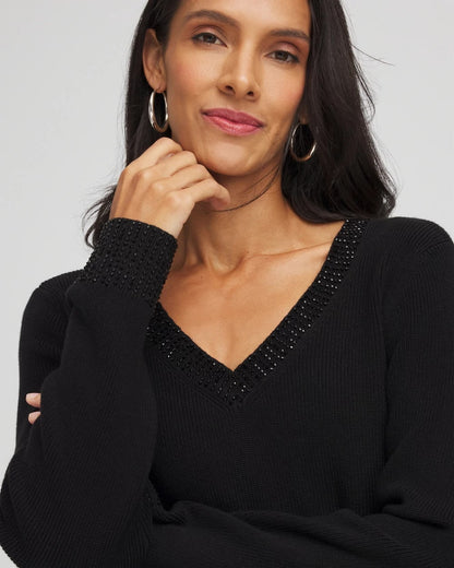 Embellished V-Neck Pullover Sweater