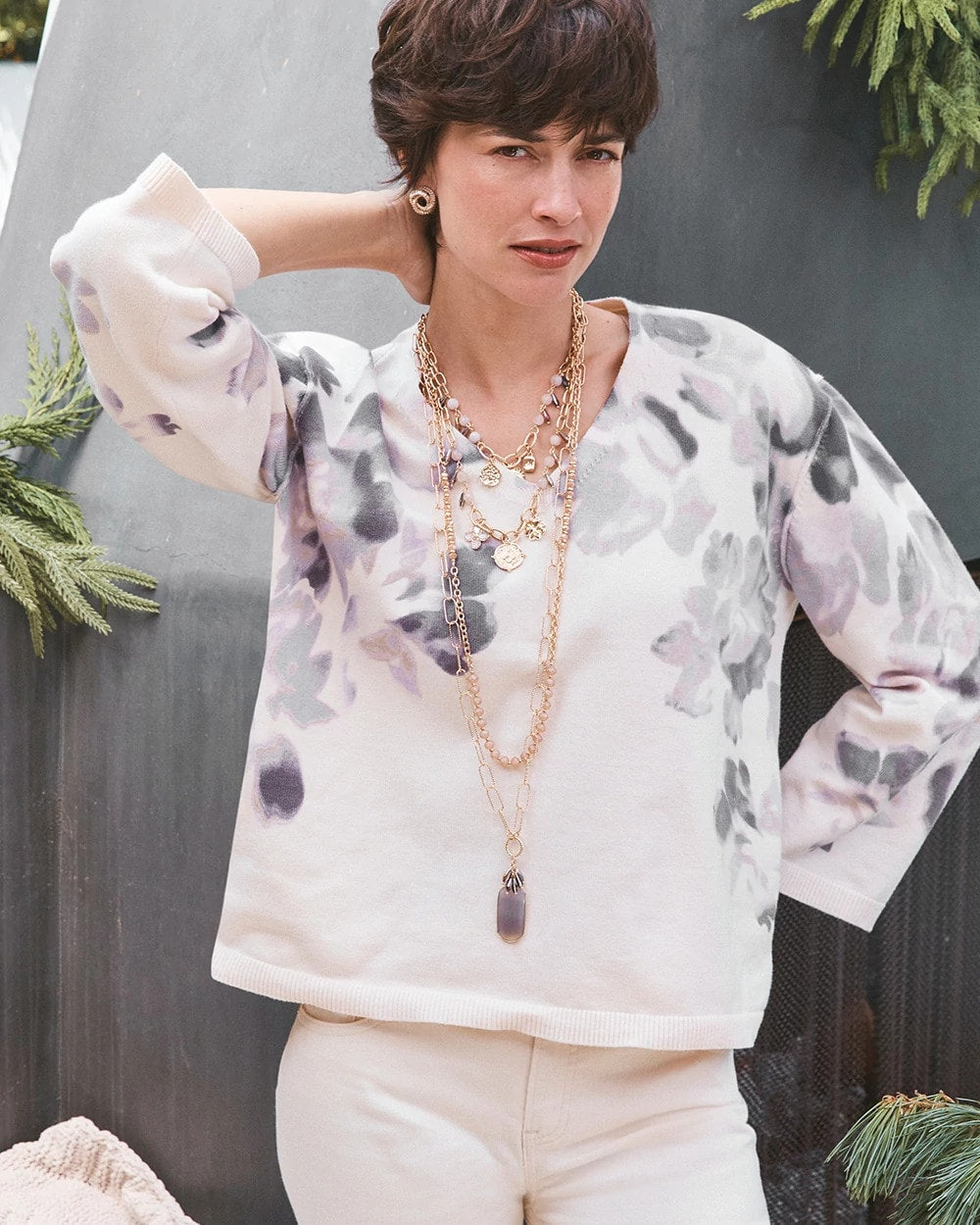 Printed V-Neck Sweater