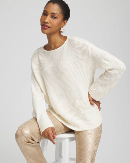 Tonal Embroidered Boatneck Pullover Sweater