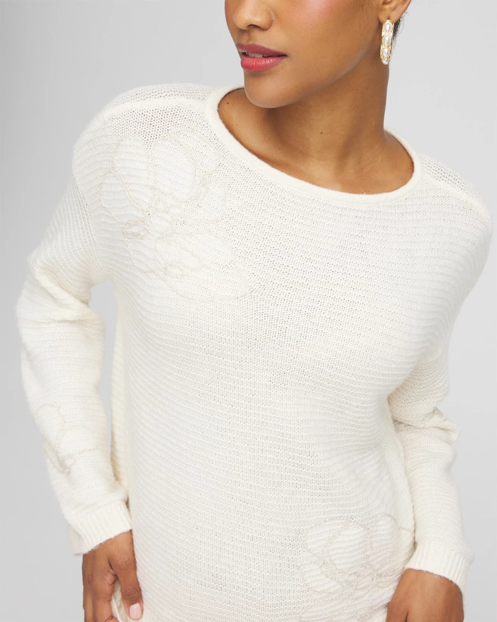 Tonal Embroidered Boatneck Pullover Sweater