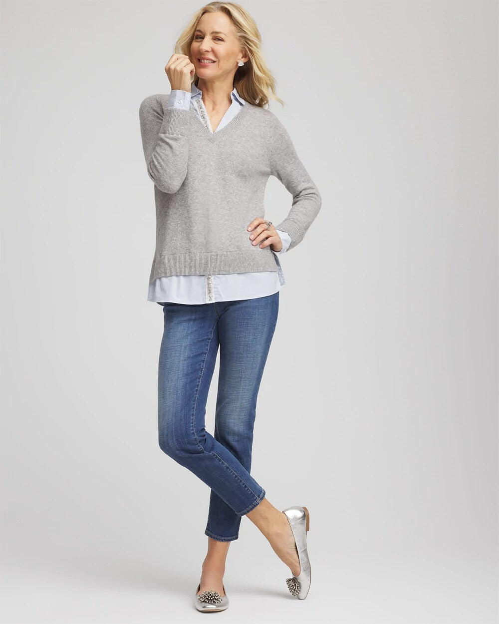 Sequin Built-In Shirt Knit Sweater
