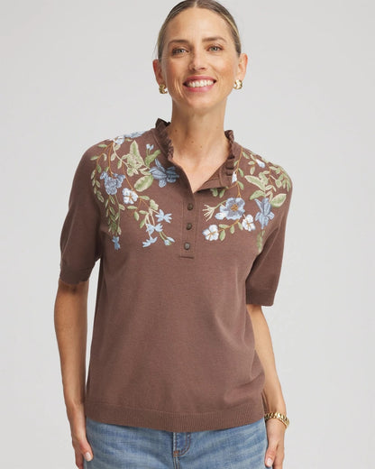 Embroidered Henley Pullover Sweater