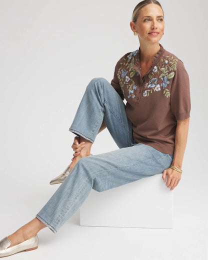 Embroidered Henley Pullover Sweater