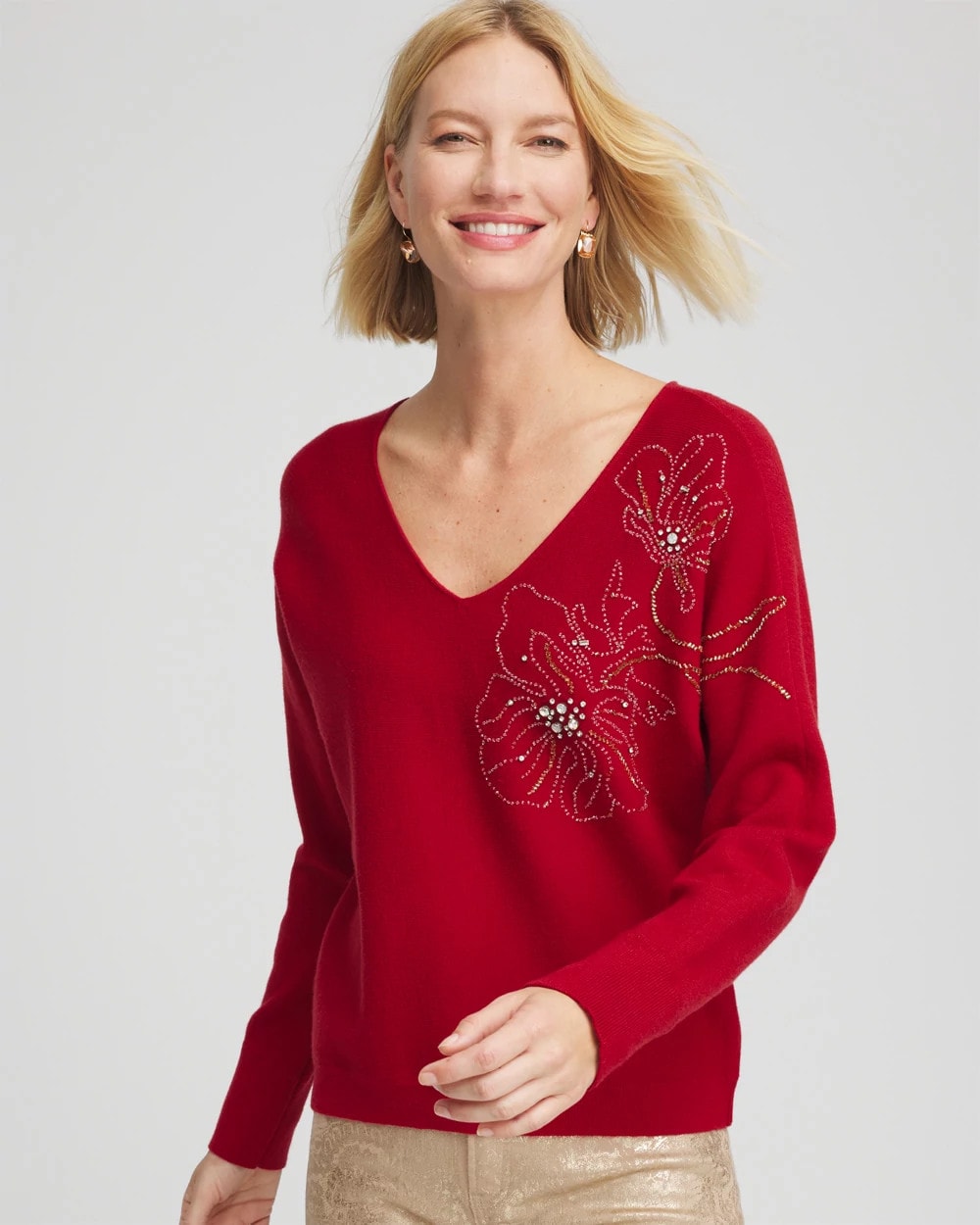 Floral Embellished Dolman V-Neck Pullover