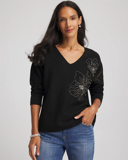 Floral Embellished Dolman V-Neck Pullover