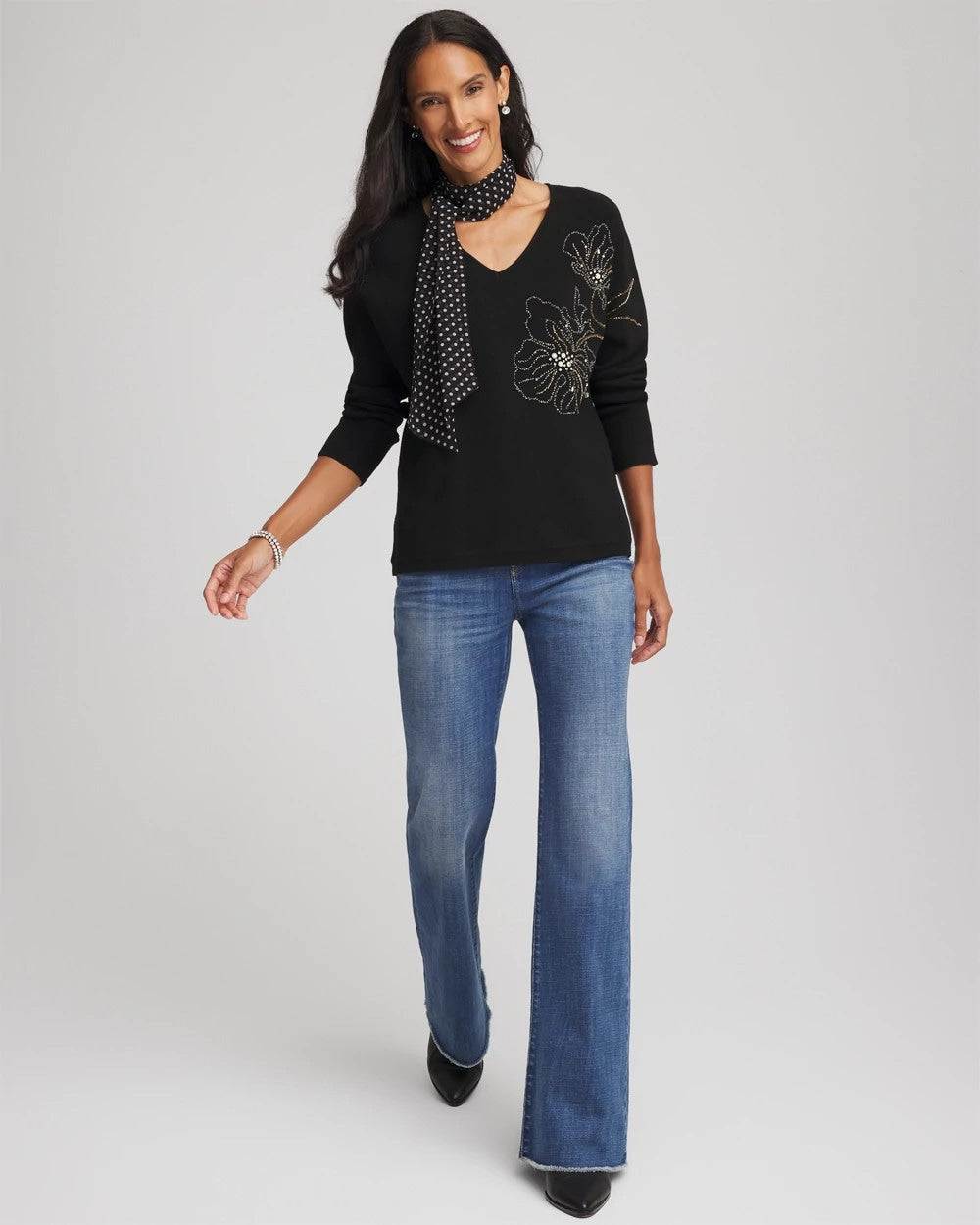 Floral Embellished Dolman V-Neck Pullover