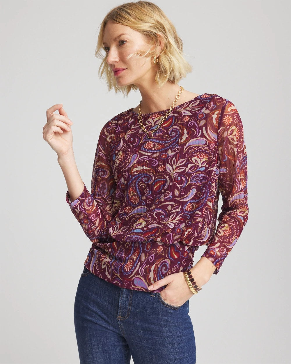 Paisley Textured Banded-Hem Top