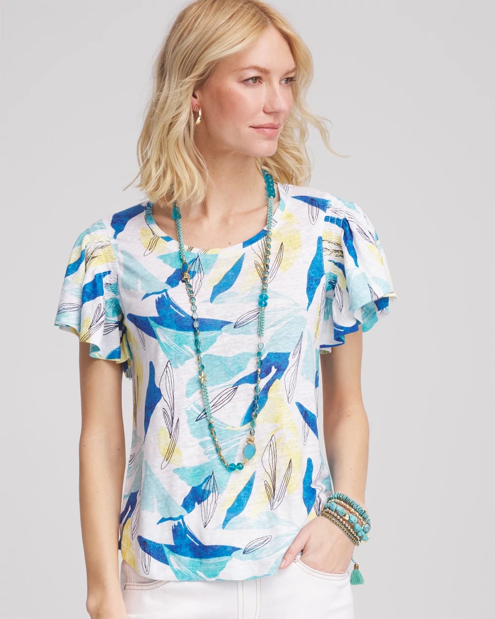 Linen Smocked Flutter-Sleeved Tee