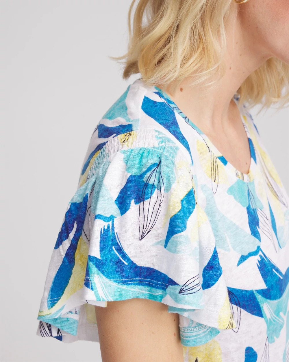 Linen Smocked Flutter-Sleeved Tee