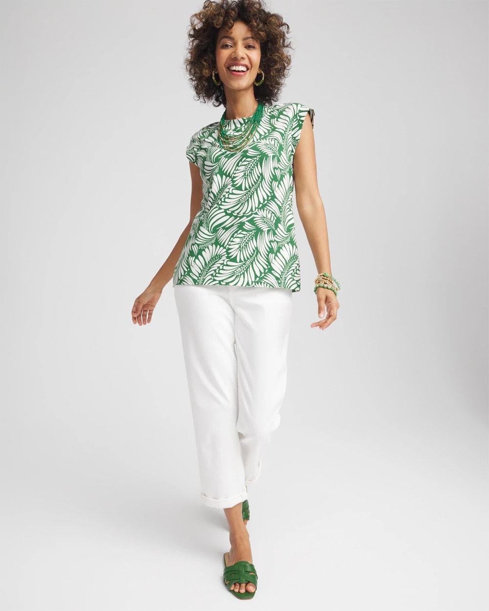 Palm-Frond-Print Cap-Sleeve Top