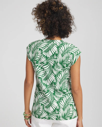 Palm-Frond-Print Cap-Sleeve Top