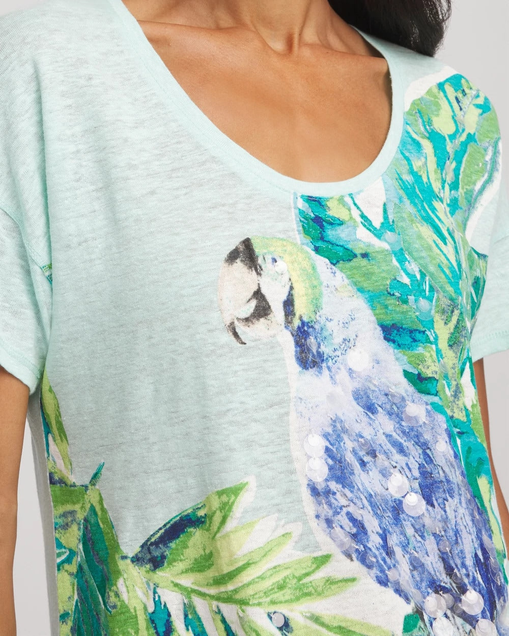 Linen Embellished Parrot Easy Tee