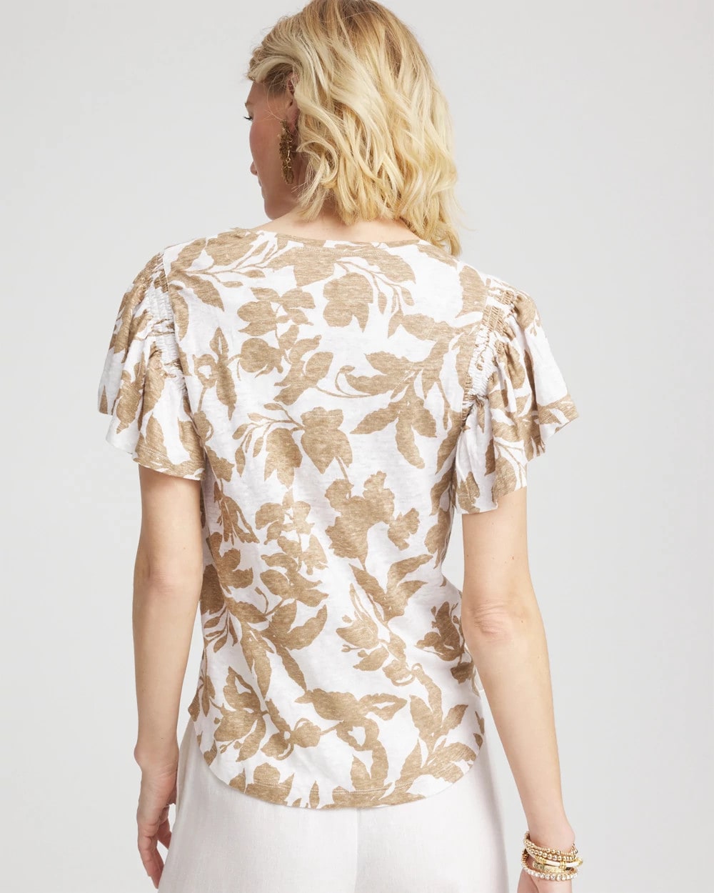 Linen Leaf Print Flutter Sleeve Tee