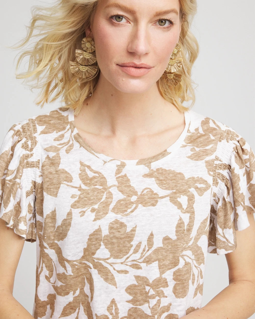 Linen Leaf Print Flutter Sleeve Tee