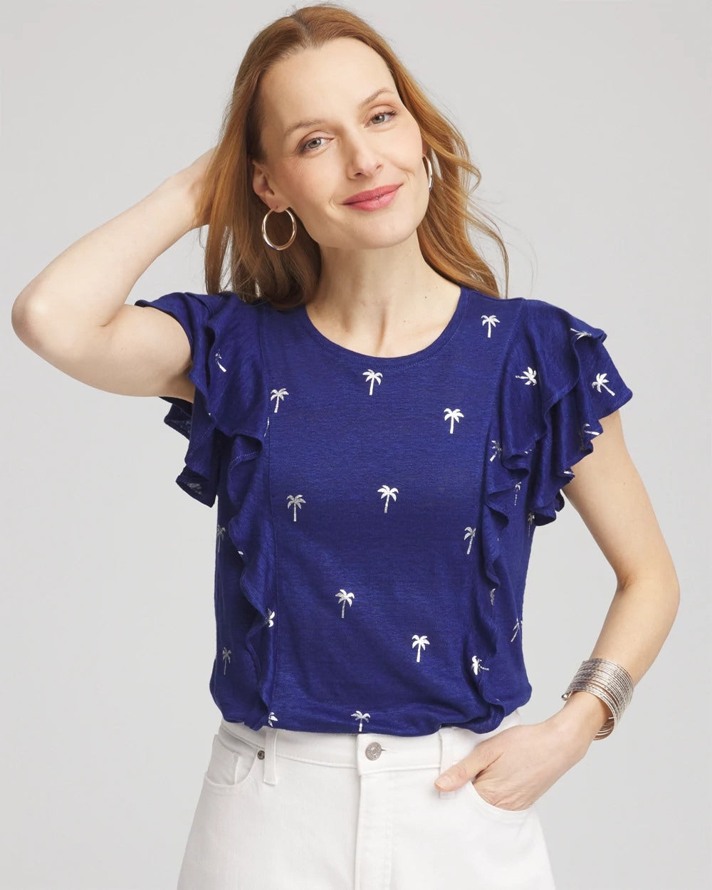 Foiled Flutter-Sleeve Linen Tee