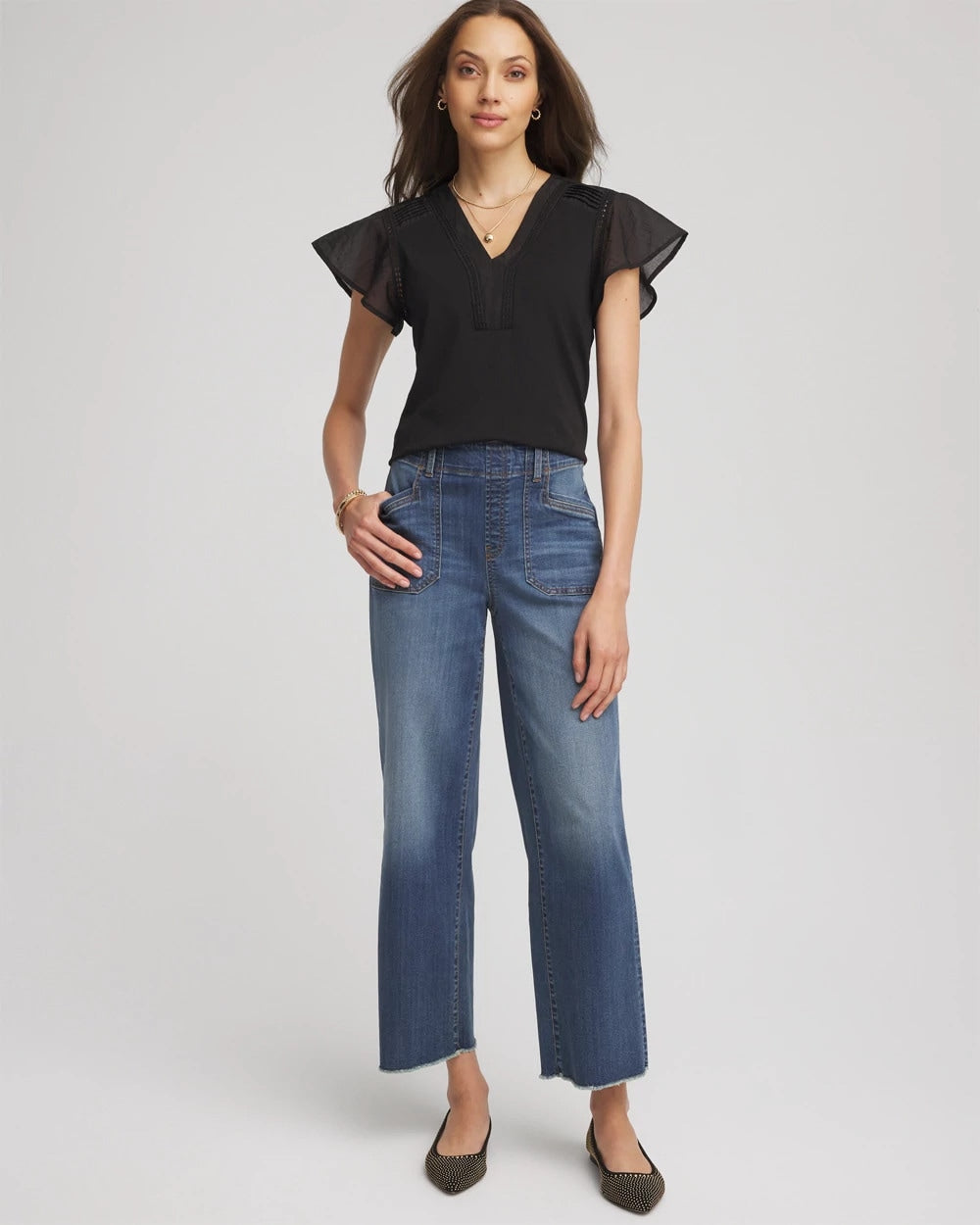 Pleated-Trim Flutter-Sleeve Tee