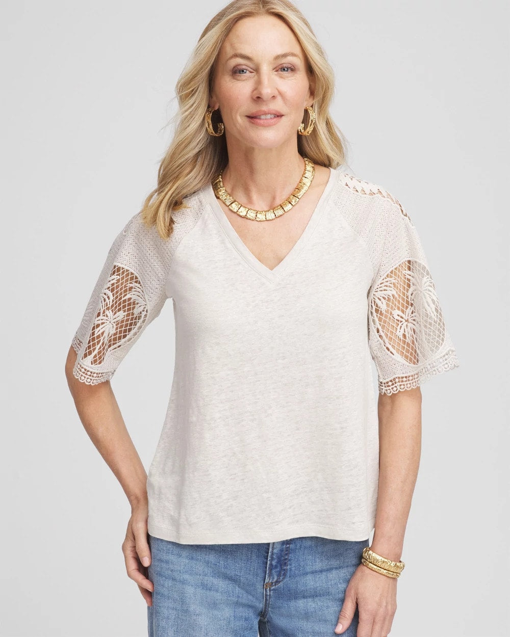 Linen Crochet Lace Short Sleeve Tee