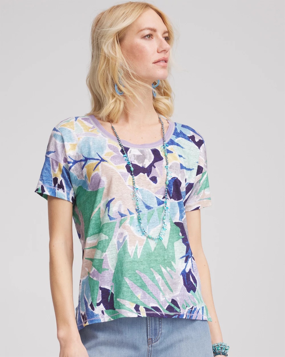 Tropical Nights Sweater-Trim Linen Tee