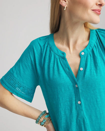 Linen Lace-Cutwork Sleeve Henley Tee