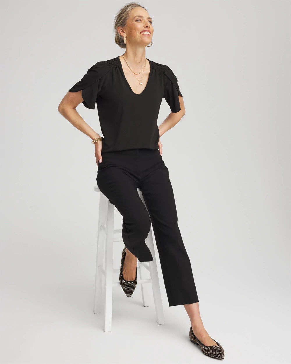 Petal-Sleeve Voop Neck Tee