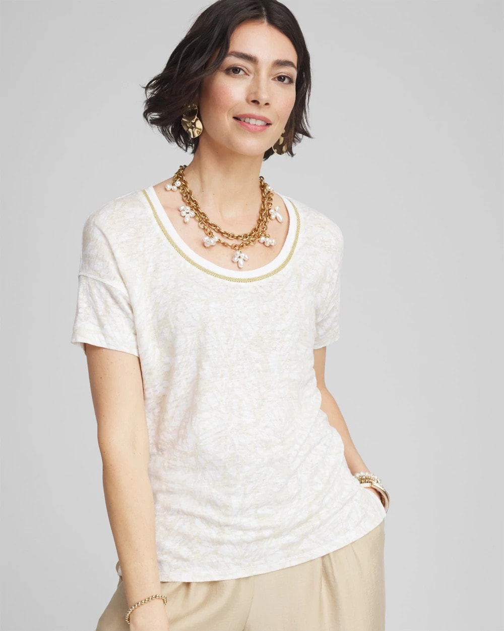 Printed Sweater Trim Linen Tee